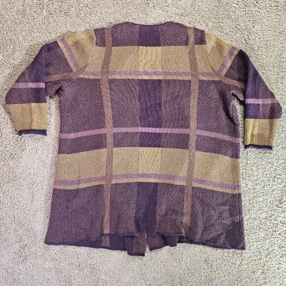 CJ Banks Long Open Front Cardigan Sweater Womens 2X Plaid Purple Tan Knit - Picture 2 of 14